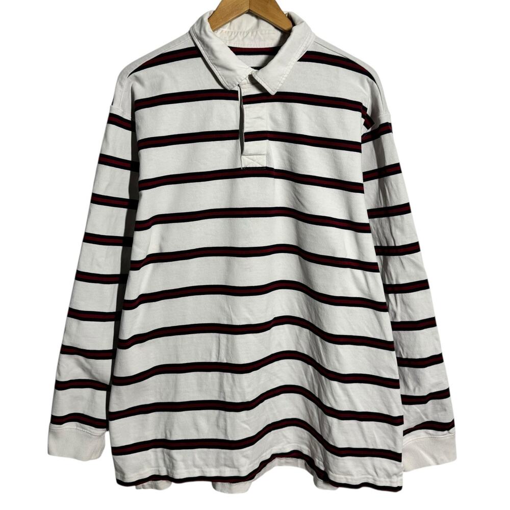 L.L.Bean Rugby 90s Long Sleeve Shirt Men XL White Blue Red Stripe Preppy‎ Y2K